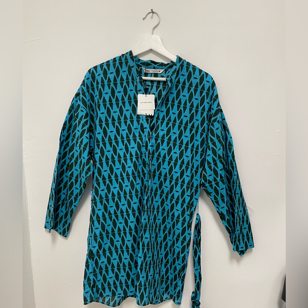 Zara Cotton The Reese Dress Geometry Printed Belted Mini Dress Size S